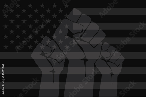 Fist protesting on background of dark usa flag. Stop racism concept. Different hands protest in black american flag. Black lives matter. Modern vector in flat style. Poverty and violence