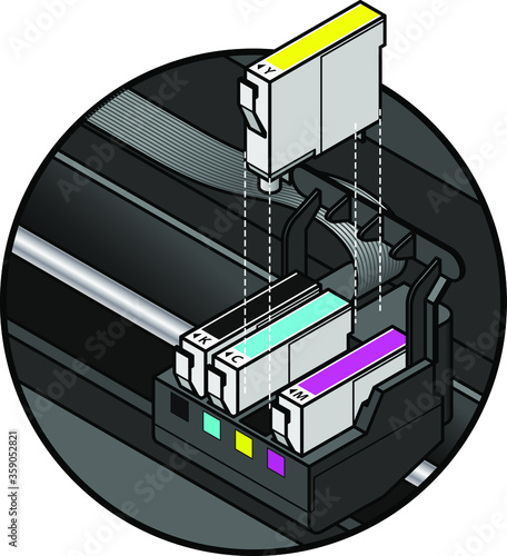 Inkjet printer cartridges installed. individual tanks of cyan, yellow, magenta and black - for 4-color printing.