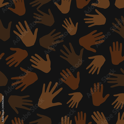 Black lives matter. Seamless pattern. Many hands on dark background, stop racism. Interracial community unity. Protest. Modern vector in flat style. New movement