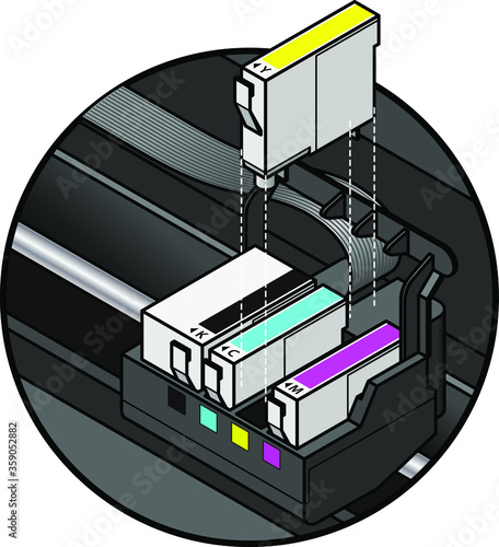 Inkjet printer cartridges being installed. individual tanks of cyan, yellow, magenta and large capacity black - for 4-colour printing.