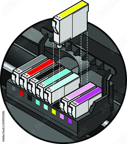 Inkjet printer cartridges being installed. individual tanks of cyan, yellow, magenta and black; plus light/pale cyan, light/pale magenta, red and gray - for 8-colour high-fidelity printing.