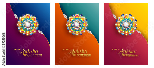 Decorated rakhi for Indian festival Raksha Bandhan Greeting Card ,indian festival with gold patterned and crystals on paper color Background.