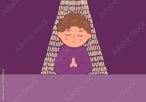 Praying child. Little boy with closed eyes sincerely prays. Religion, Christianity, faith concept.