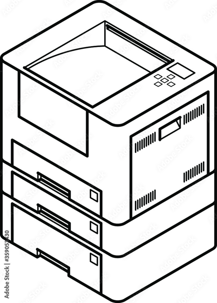 Line style drawing of an office laser printer. With 3 paper trays. Line style drawing of an office laser printer. With 3 paper trays.
