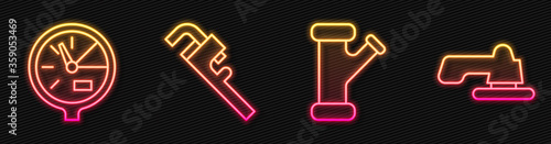 Set line Industry metallic pipe, Water meter, Pipe adjustable wrench and Water tap. Glowing neon icon. Vector