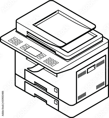 Line style drawing of a multifunction office laser printer. With 2 paper trays.