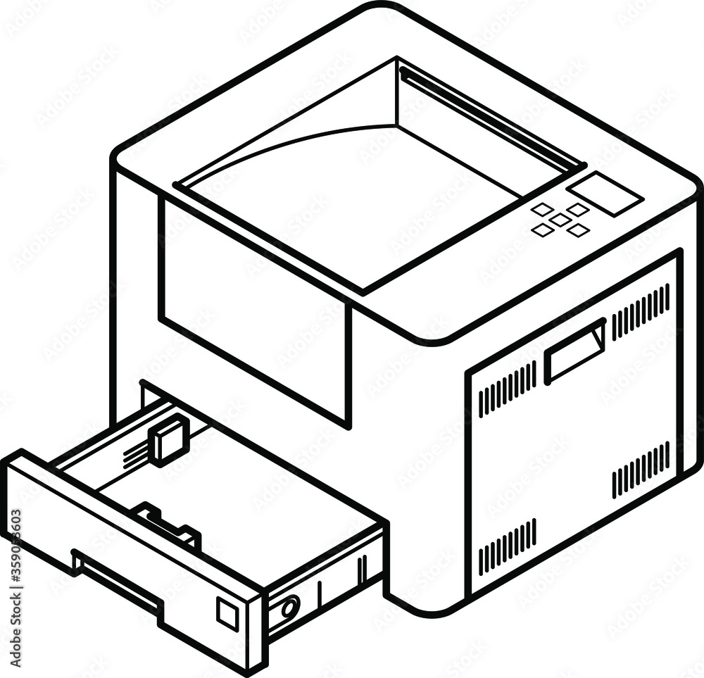 Line style drawing of an office laser printer. With paper tray opened. Line style drawing of an office laser printer. With paper tray opened.