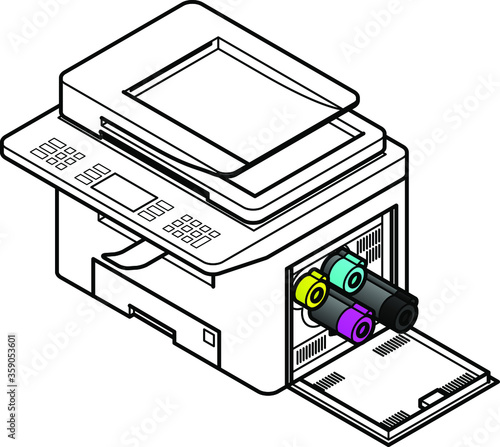 Line style drawing of a multifunction office laser printer.  Showing toner cartridges being removed / installed. 