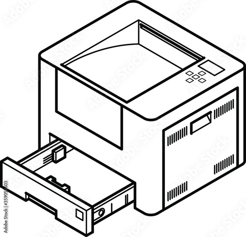 Line style drawing of an office laser printer. With paper tray opened.