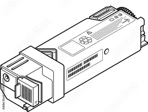 A laser printer toner cartridge in line drawing style.