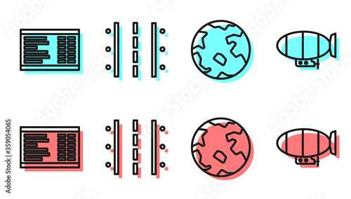 Set line Worldwide, Airport board, Airport runway and Airship icon. Vector