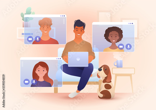 A group of young smile people video call in their own living rooms. Online friends meeting, Work from Home, Remote work, teleconference, New normal. Conceptual vector illustration.