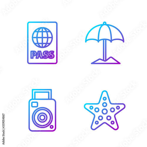 Set line Starfish, Photo camera, Passport and Sun protective umbrella for beach. Gradient color icons. Vector