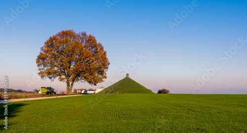 Famous Lion’s Mound (Butte du Lion) monument in Waterloo, surrounded by farmland. This monument commemorates the Battle of Waterloo fought in 1815.