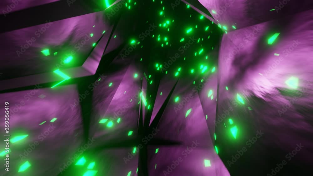 Tunnel mauve abstrait avec des particules vertes, animation en boucle