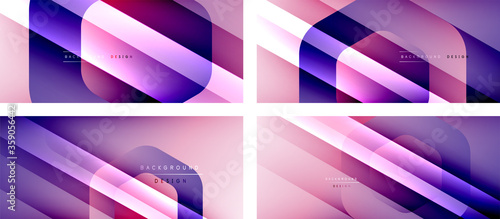 Set of hexagon geometric shapes and fluid gradients with 3d shadow and light straight lines, minimal abstract backgrounds