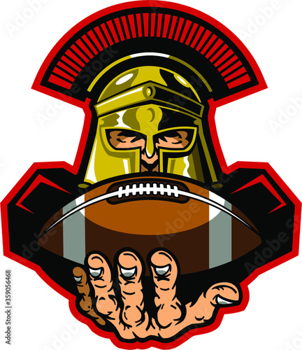 spartan football mascot holding ball in hand for school, college or league