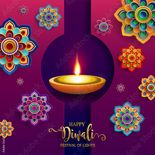 Diwali, Deepavali or Dipavali the festival of lights india with gold diya patterned and crystals on paper color Background.
