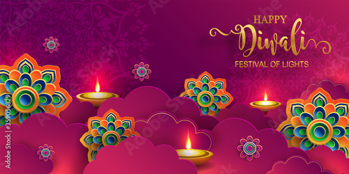Diwali, Deepavali or Dipavali the festival of lights india with gold diya patterned and crystals on paper color Background.
