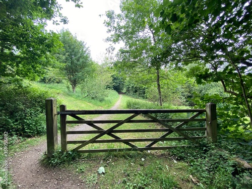 Farm gate, next to a small path, the entrance to, Heaton Wood, Bradford, UK