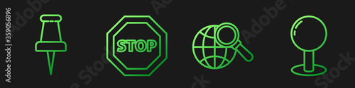 Set line Magnifying glass with globe, Push pin, Stop sign and Push pin. Gradient color icons. Vector