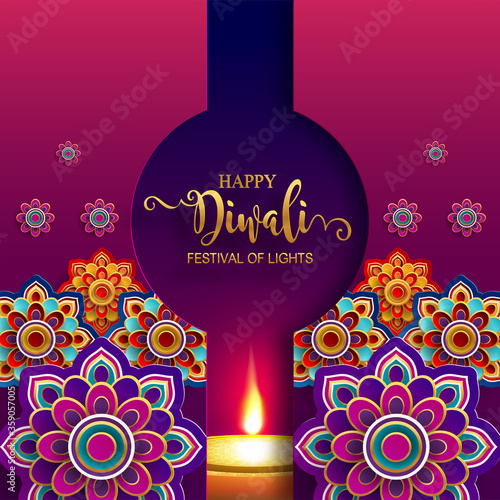Diwali, Deepavali or Dipavali the festival of lights india with gold diya patterned and crystals on paper color Background.

