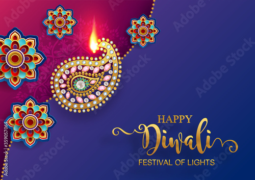 Diwali, Deepavali or Dipavali the festival of lights india with gold diya patterned and crystals on paper color Background.
