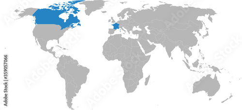 Canada, france countries isolated on world map. Light gray background. Business concepts, trade, tourism and transport.