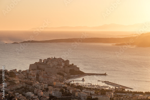 Sunrise over Calvi Bay and citadel in Corsica