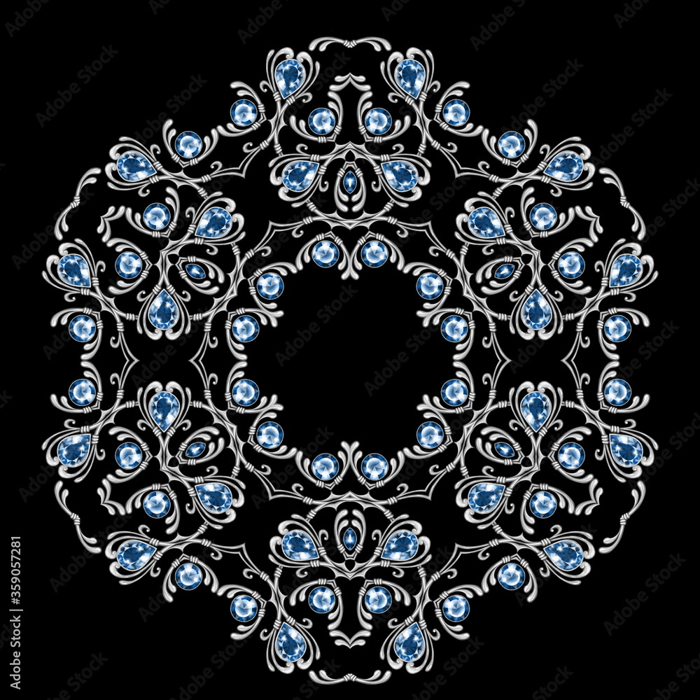 Round decorative pattern on black. Silver jewelry element with gems Round decorative pattern on black. Silver jewelry element with gems