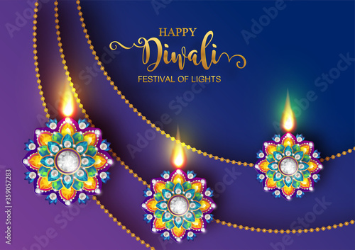 Diwali, Deepavali or Dipavali the festival of lights india with gold diya patterned and crystals on paper color Background.
