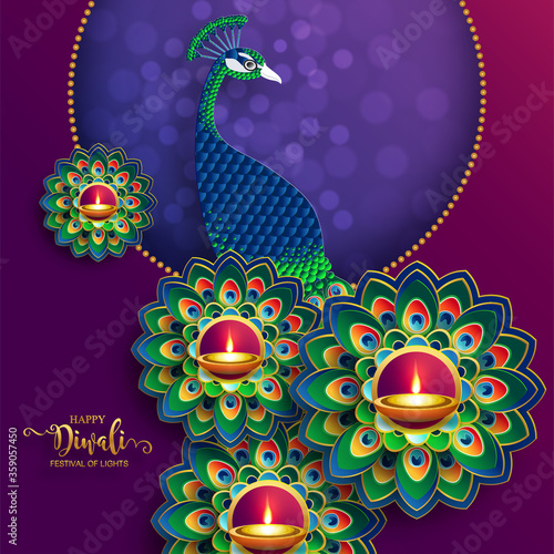 Diwali, Deepavali or Dipavali the festival of lights india with gold diya patterned and crystals on paper color Background.
