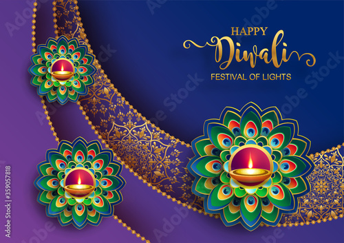 Diwali, Deepavali or Dipavali the festival of lights india with gold diya patterned and crystals on paper color Background.
