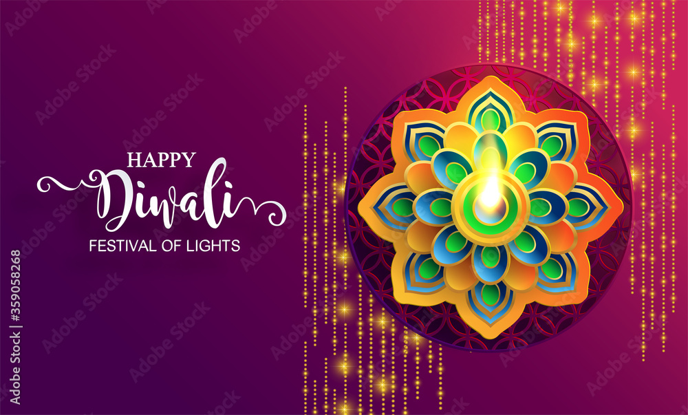 Diwali, Deepavali or Dipavali the festival of lights india with gold diya patterned and crystals on paper color Background.

