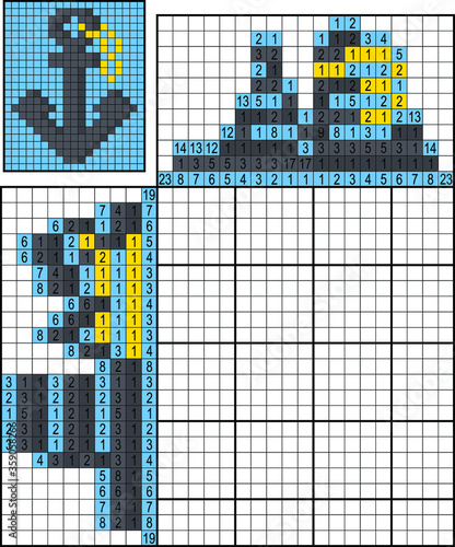 Japanese crossword. Colorful. Paint by number puzzle. Education game for children. Anchor