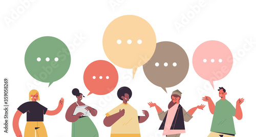 mix race people discussing during meeting chat bubble communication digital detox relaxation concept friends spending time together abandoning internet social networks horizontal portrait vector