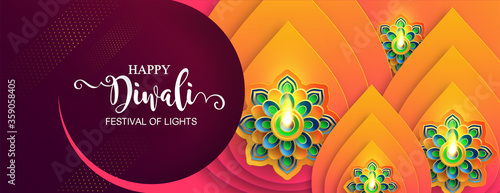 Diwali, Deepavali or Dipavali the festival of lights india with gold diya patterned and crystals on paper color Background.
