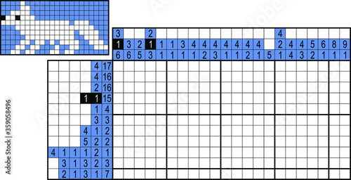 Japanese crossword. Colorful. Paint by number puzzle. Education game for children. Arctic fox