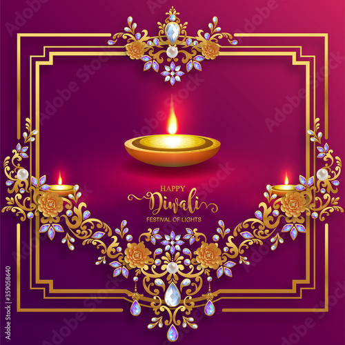 Diwali, Deepavali or Dipavali the festival of lights india with gold diya patterned and crystals on paper color Background.
