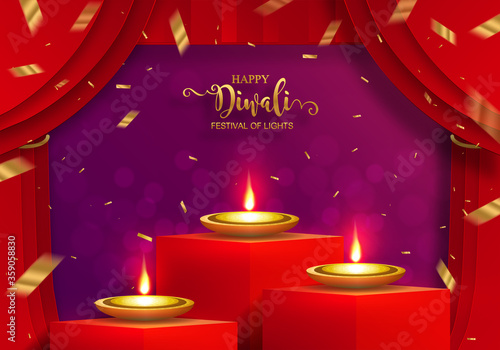 Diwali, Deepavali or Dipavali the festival of lights india with gold diya patterned and crystals on paper color Background.

