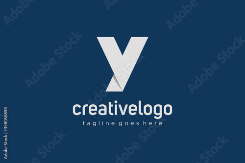 Abstract Initial Letter Y and V Linked Logo. White Geometric Shape Origami Style isolated on Blue Background. Usable for Business and Branding Logos. Flat Vector Logo Design Template Element.