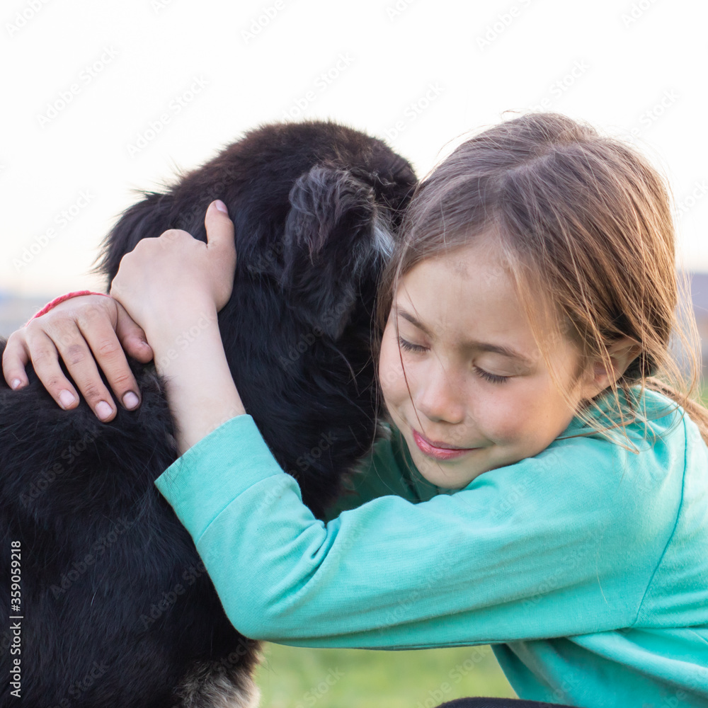 Girl gently hugs her beloved big dog. Friendship between child and animal Girl gently hugs her beloved big dog. Friendship between child and animal