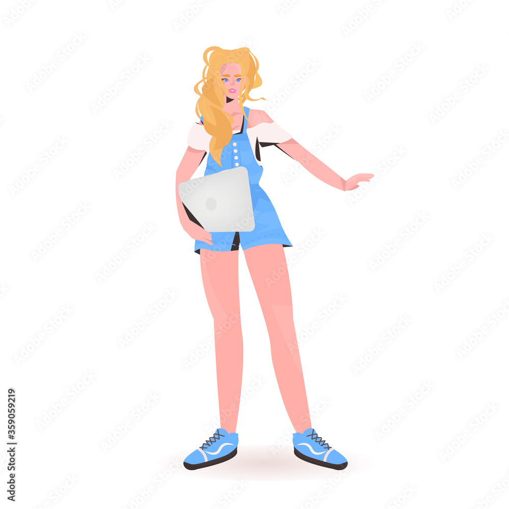 attractive woman using laptop beautiful girl model in trendy clothes female cartoon character standing pose full length isolated vector illustration attractive woman using laptop beautiful girl model in trendy clothes female cartoon character standing pose full length isolated vector illustration