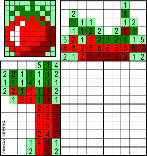 Japanese crossword. Colorful. Paint by number puzzle. Education game for children. Tomato