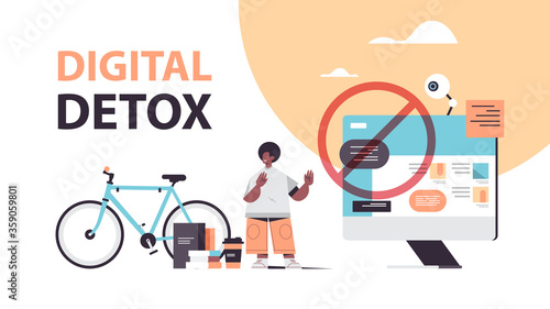 man making stop gesture with palm digital detox concept guy abandoning internet and social networks healthy lifestyle horizontal full length vector illustration