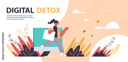woman coming out of monitor screen digital detox concept girl spending time without gadgets abandoning internet and social networks full length horizontal copy space vector illustration