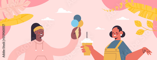 mix race girls drinking coffee eating ice cream digital detox vacation relaxation concept girls spending time together abandoning internet social networks horizontal portrait vector illustration