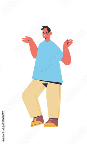 cute man with raised hands up smiling guy in casual trendy clothes male cartoon character standing pose full length isolated vertical vector illustration