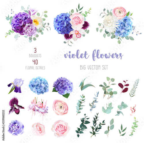 Violet, purple and blue flowers and greenery big vector collection.