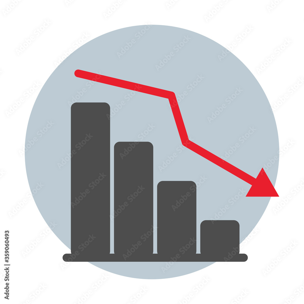 Decreasing stock chart with red arrow icon losing money sign isolated vector illustration Decreasing stock chart with red arrow icon losing money sign isolated vector illustration